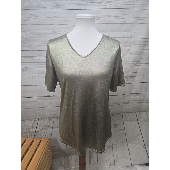 CHICO'S Women's‎ Gold Apparel Metallic Foil Short Sleeve Tee Sz 0 Small V Neck - Picture 1 of 8